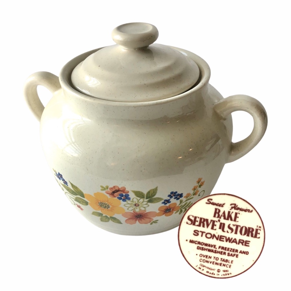 Vintage Cottagecore 1980s‎ Boho Flowers Serve'n Store Stoneware Pot